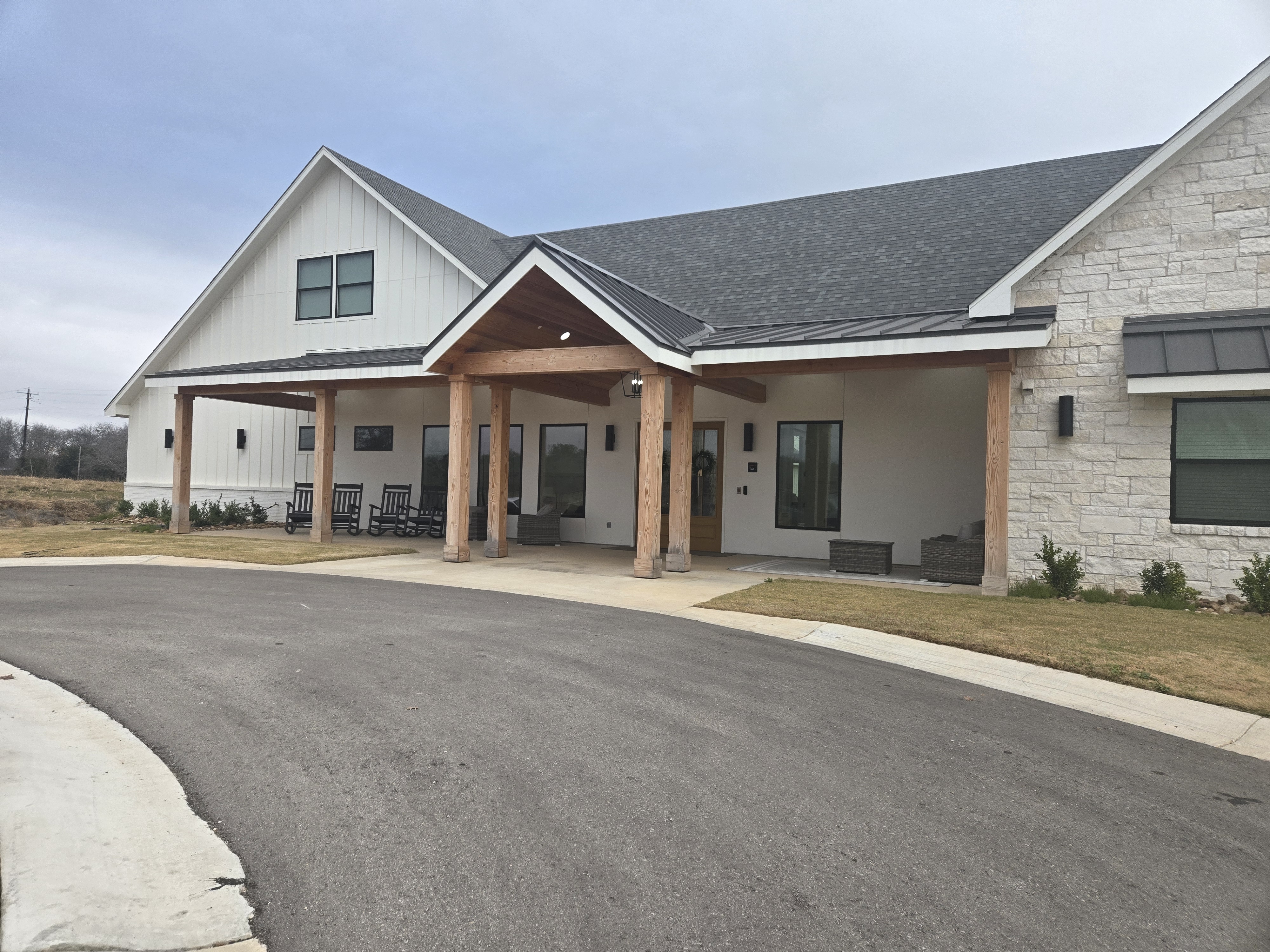 Mansion entrance with timber columns